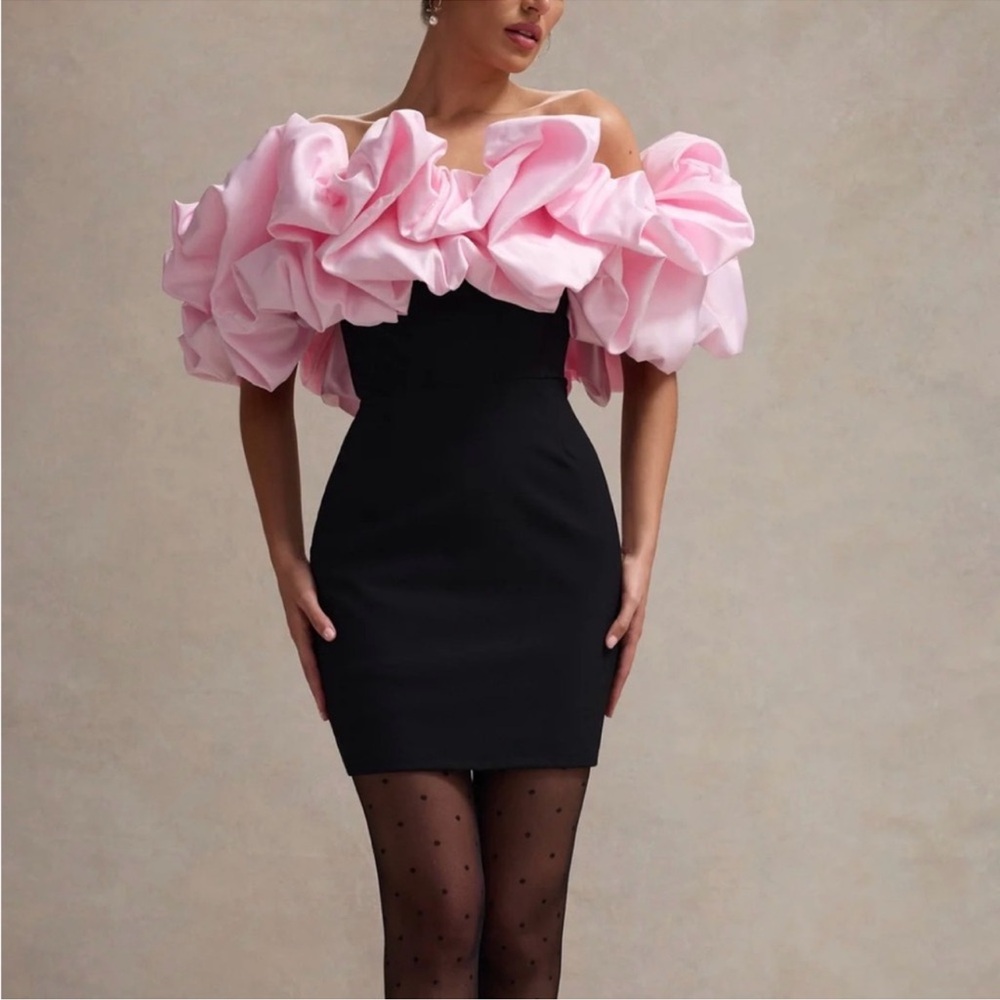 Club L London Pink and Black Ruffle Mini Dress